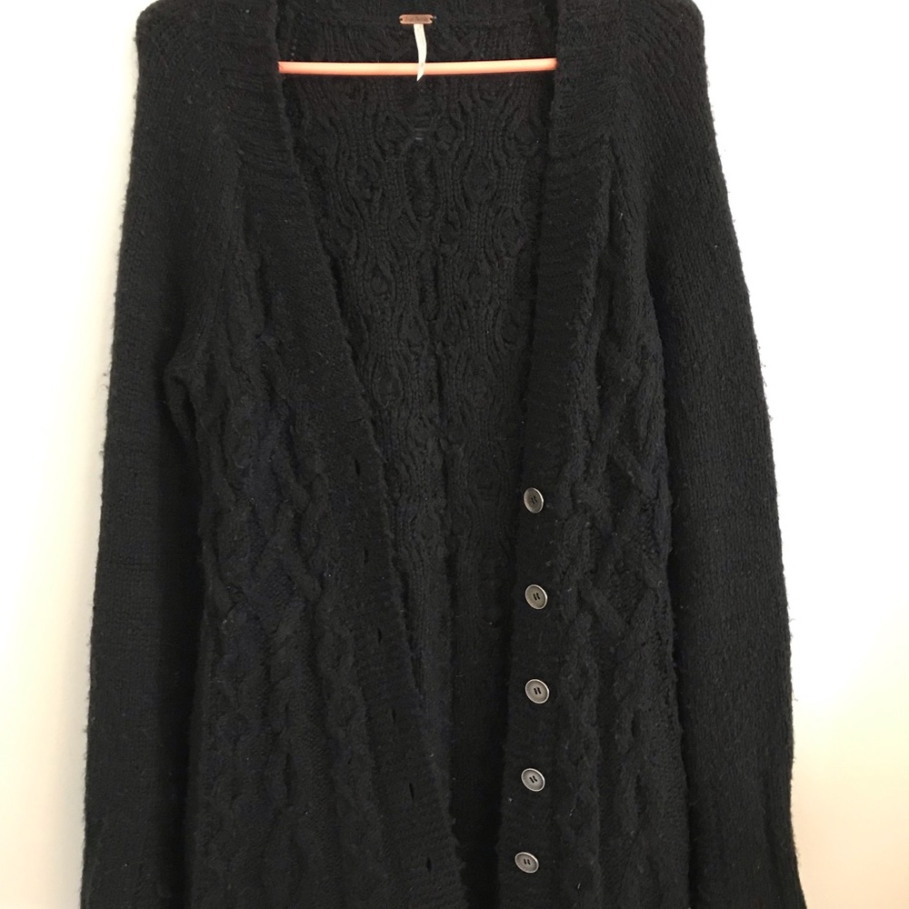 Long Black Free People Cable Knit Cardigan Sz. L